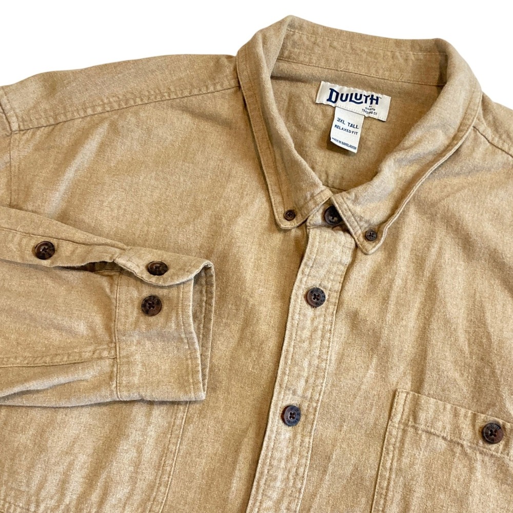 Duluth Trading Co Mens 3XL Tall Flannel Shirt Tan Khaki Relaxed Fit Cotton 89328